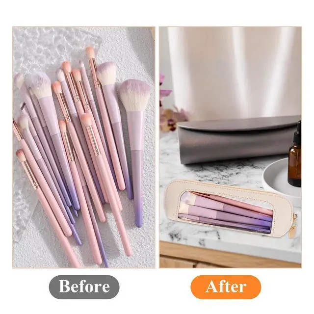 Alt view image 5 of 7 - Small Clear Makeup Bag, PU Leather Travel Makeup Brush Case Portable Transparent Waterproof Cosmetic Organizer Pouch with Zipper for Women Home Travel Office Cosmetic Storage (Beige)