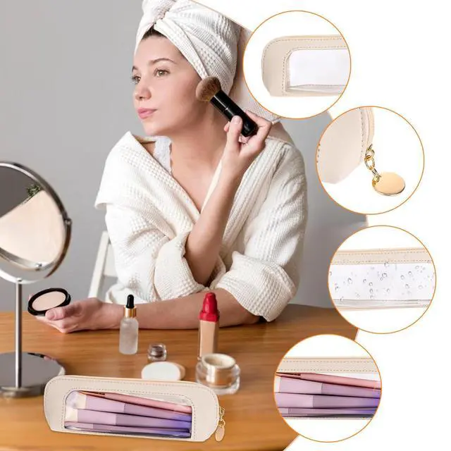 Alt view image 6 of 7 - Small Clear Makeup Bag, PU Leather Travel Makeup Brush Case Portable Transparent Waterproof Cosmetic Organizer Pouch with Zipper for Women Home Travel Office Cosmetic Storage (Beige)