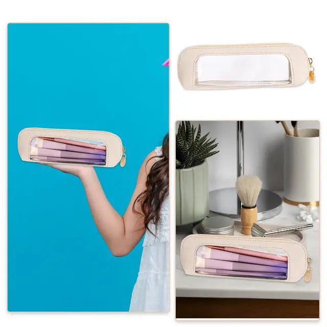 Alt view image 7 of 7 - Small Clear Makeup Bag, PU Leather Travel Makeup Brush Case Portable Transparent Waterproof Cosmetic Organizer Pouch with Zipper for Women Home Travel Office Cosmetic Storage (Beige)