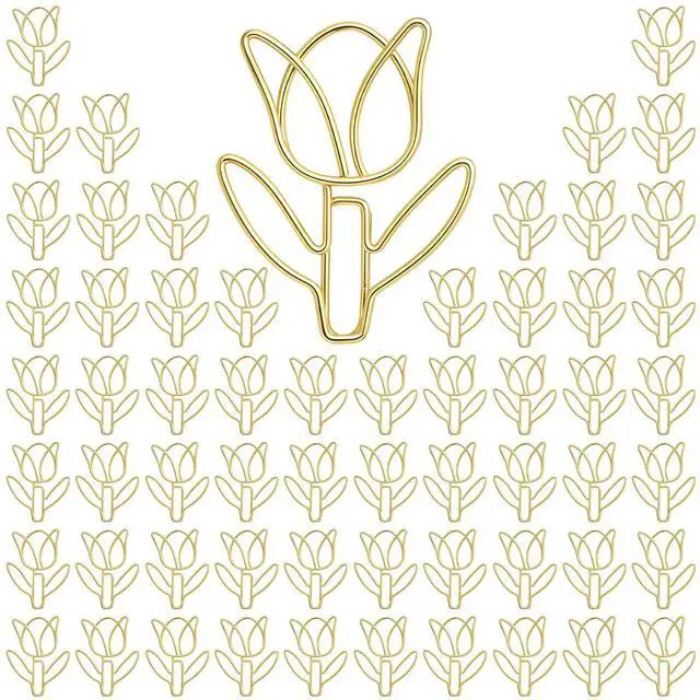Main image of Floral Shape Papers Clips, 60Pcs Tulip Shaped Shape Paper Clips, Gold Cute Flower Shaped Paper Clips, Funny Cutes Paperclips Bookmarks for Office Supplies Desk File Organization Wedding Decoration