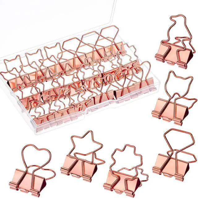 Main image of Cute Metal Binder Clips, 18 pcs, 0.75", Small Size, 6 Styles | Rose Gold Binder Paper Clips, Paper Clamps for Office Supplies, Home, School, Business, Document Organizing