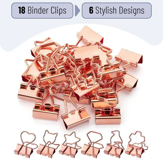 Alt view image 2 of 7 - Cute Metal Binder Clips, 18 pcs, 0.75", Small Size, 6 Styles | Rose Gold Binder Paper Clips, Paper Clamps for Office Supplies, Home, School, Business, Document Organizing