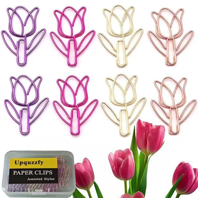 Main image of 20 Pcs Metal Flower Paper Clips Set - Cute Large Decorative Paperclips for File Organization, School, Home Office and Wedding Decor 4 Colors (TULIPFLOWER)
