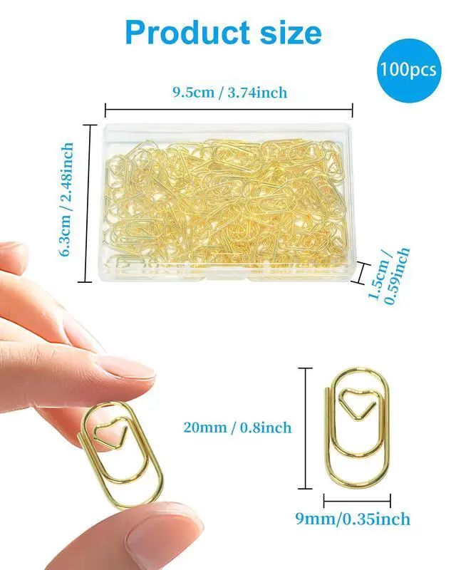 Alt view image 2 of 6 - 100 Pcs Love Heart Shaped Paper Clips, 0.8inch Cute Gold Mini Paperclips | Cute gold mini paperclips, for office, school, and home document organizing, love heart shaped