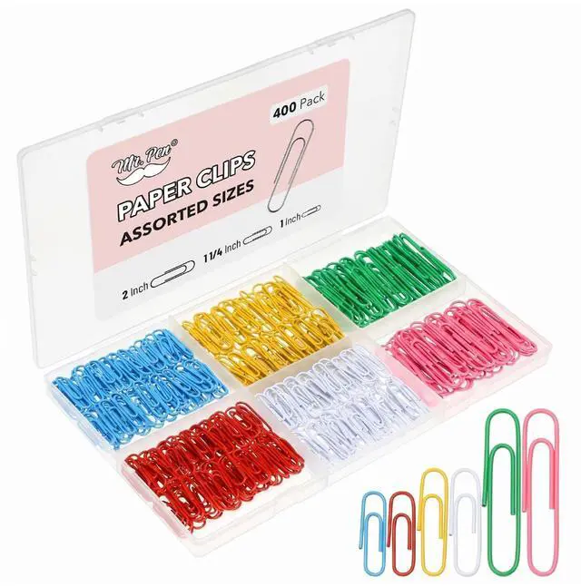 Main image of Paper Clips, 400 pcs, Assorted Sizes (1", 1.3", 2") | Cute Colorful Paper Clips with Storage Box, Large and Small for Bookmark, Office, School, DIY, Business Card Holders