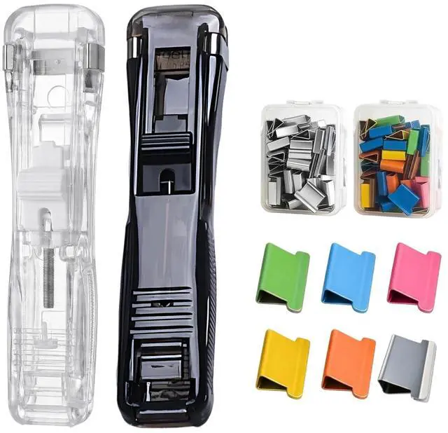 Main image of 2 Pcs Portable Binder Clip Stapler - Includes 100 Reusable Clips, Stapleless Stapler for Binding Homework and Organizing Documents, Compact Paper Clamp Dispenser for Office and School Use