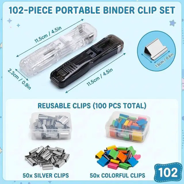 Alt view image 2 of 7 - 2 Pcs Portable Binder Clip Stapler - Includes 100 Reusable Clips, Stapleless Stapler for Binding Homework and Organizing Documents, Compact Paper Clamp Dispenser for Office and School Use