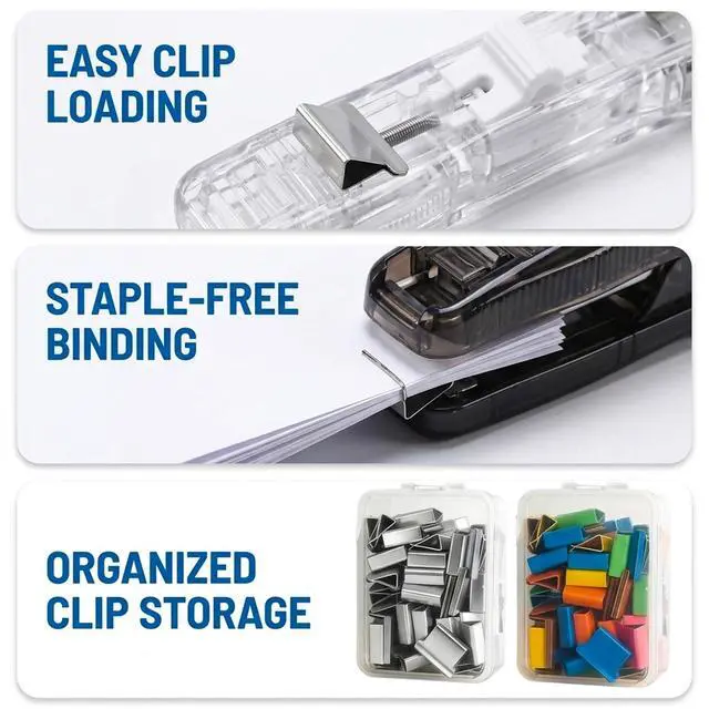 Alt view image 5 of 7 - 2 Pcs Portable Binder Clip Stapler - Includes 100 Reusable Clips, Stapleless Stapler for Binding Homework and Organizing Documents, Compact Paper Clamp Dispenser for Office and School Use