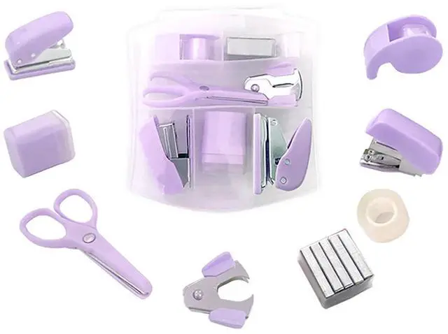 Main image of 8 Pack Mini Office Supply Kits Mini School Supplies Includes Mini Stapler, Scissors, Staple Remover, Puncher, Pencil Sharpener, Tape Dispenser (Purple)
