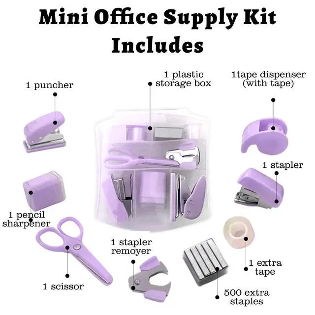 Alt view image 2 of 7 - 8 Pack Mini Office Supply Kits Mini School Supplies Includes Mini Stapler, Scissors, Staple Remover, Puncher, Pencil Sharpener, Tape Dispenser (Purple)