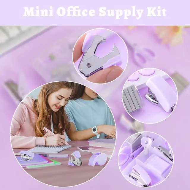 Alt view image 3 of 7 - 8 Pack Mini Office Supply Kits Mini School Supplies Includes Mini Stapler, Scissors, Staple Remover, Puncher, Pencil Sharpener, Tape Dispenser (Purple)