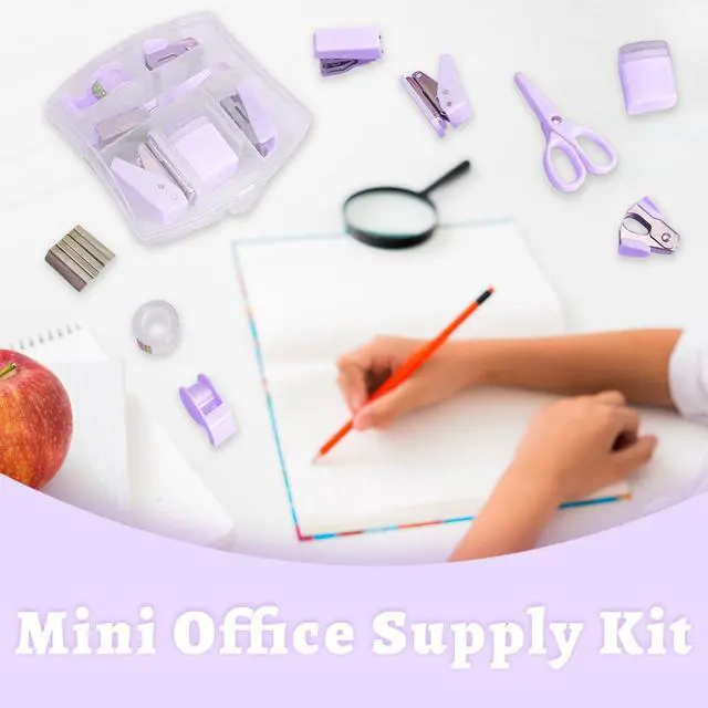 Alt view image 4 of 7 - 8 Pack Mini Office Supply Kits Mini School Supplies Includes Mini Stapler, Scissors, Staple Remover, Puncher, Pencil Sharpener, Tape Dispenser (Purple)