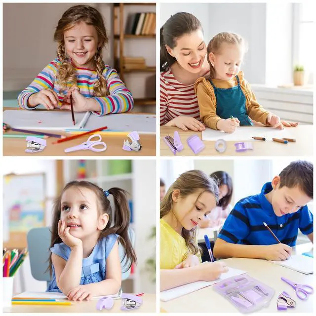 Alt view image 7 of 7 - 8 Pack Mini Office Supply Kits Mini School Supplies Includes Mini Stapler, Scissors, Staple Remover, Puncher, Pencil Sharpener, Tape Dispenser (Purple)