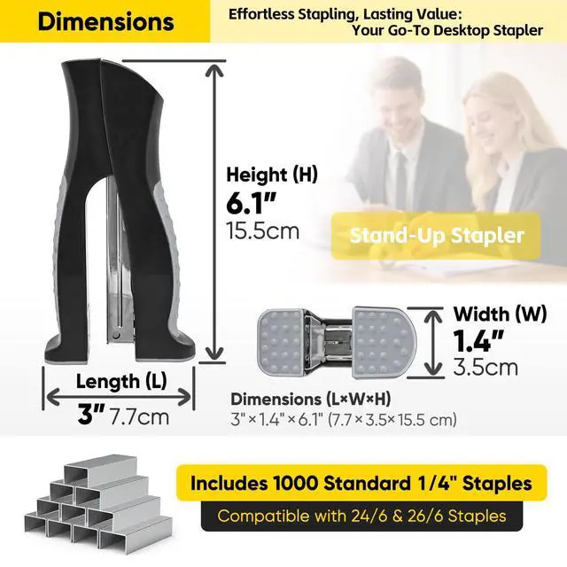 Alt view image 2 of 7 - 1-Pack Stand-Up 2-in-1 Full Strip Office Stapler with 1000 Staples, Black | Standard 1/4" Staples Included, Vertical & Flat Use, Jam-Free, Rotating Anvil Pinning, Handheld Ergonomic Grip