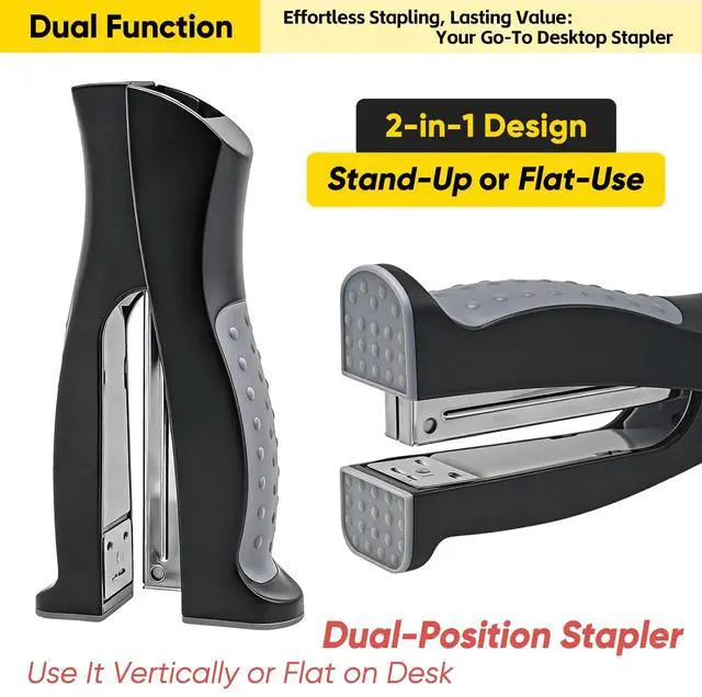 Alt view image 3 of 7 - 1-Pack Stand-Up 2-in-1 Full Strip Office Stapler with 1000 Staples, Black | Standard 1/4" Staples Included, Vertical & Flat Use, Jam-Free, Rotating Anvil Pinning, Handheld Ergonomic Grip