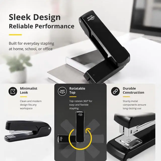 Alt view image 5 of 6 - Heavy-Duty Metal Desktop Stapler, 360° Swing Arm, 25-Sheet Booklet Stapler | Black Booklet Binding Tool, Includes 2000 Staples (24/6 & 26/6)