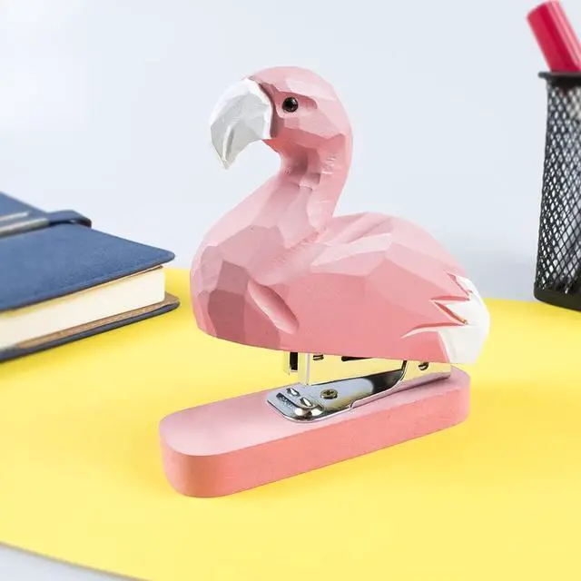 Alt view image 5 of 7 - Wooden Animal Stapler, Desktop Stitcher Art Figurine Statue Sculpture for School Office Stationery (Flamingo)