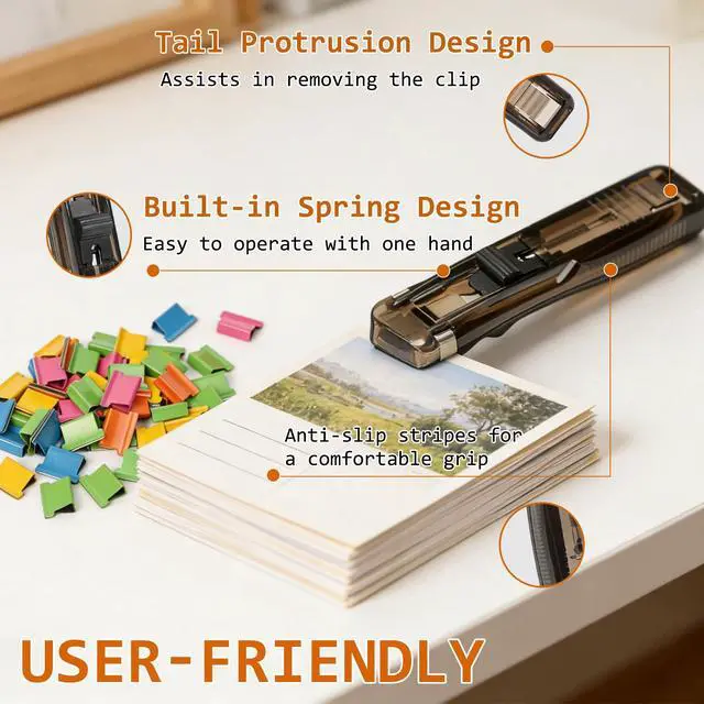 Alt view image 3 of 7 - Reusable Portable Binder Paper Clips Stapler, 40 Sheet Capacity-100 Pcs Paper Clam Clip Refills dispensers, Mini Push Stapler Dispenser Papers Clamps for Fixing Documents Home School Desk Office