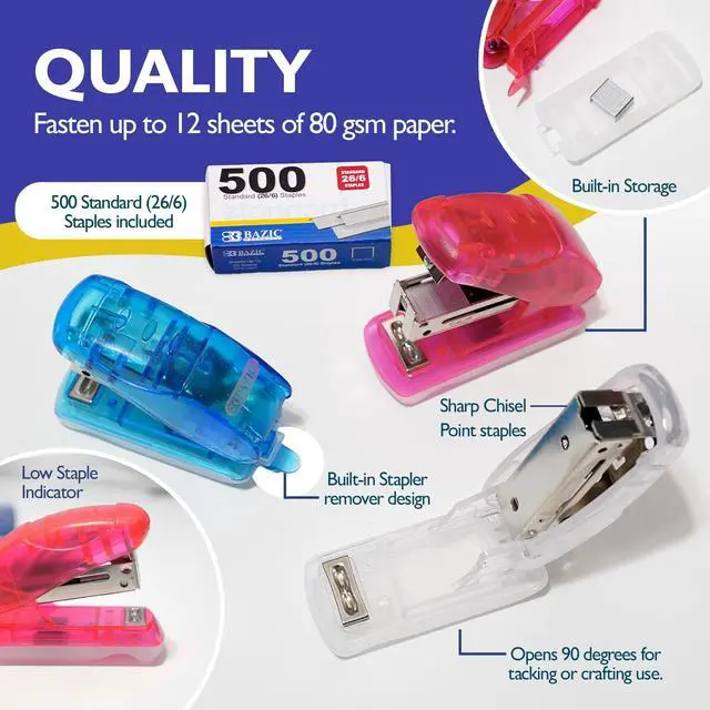 Alt view image 3 of 7 - Mini Stapler, Standard 26/6, with 500 Staples | 500 standard 26/6 staples for fast paper fastening at the desk; classroom; home office