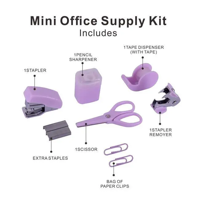 Alt view image 2 of 7 - Mini Office Supply Kits Small Stapler for Student Office Purple | Includes Mini Stapler,Scissors, Staple Remover, Staples, Tape Dispenser for Gift (Purple)