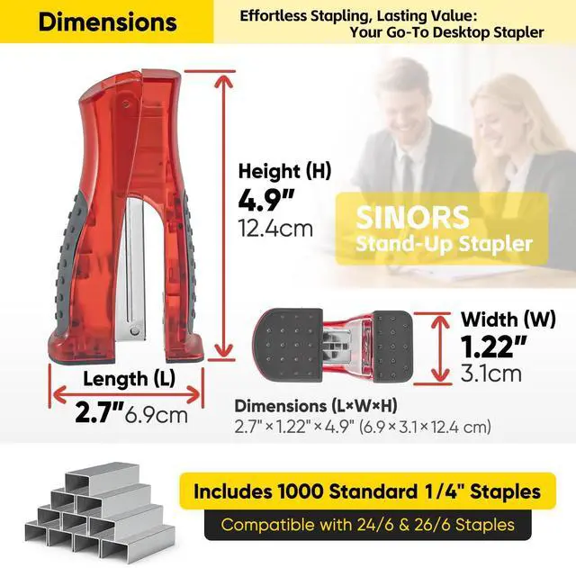 Alt view image 2 of 6 - 1-Pack Compact Stand-Up 2-in-1 Office Stapler with 1000 Staples, Red | Standard 1/4" Staples Included, Vertical & Flat Use, Jam-Free, Rotating Anvil Pinning, Handheld Ergonomic Grip, Desk Supplies