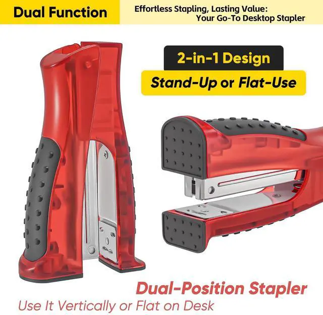 Alt view image 3 of 6 - 1-Pack Compact Stand-Up 2-in-1 Office Stapler with 1000 Staples, Red | Standard 1/4" Staples Included, Vertical & Flat Use, Jam-Free, Rotating Anvil Pinning, Handheld Ergonomic Grip, Desk Supplies