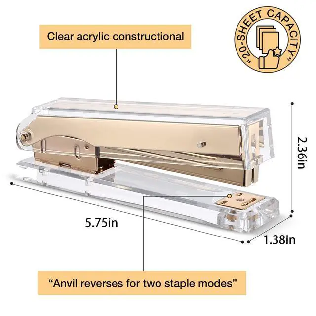 Alt view image 2 of 4 - Acrylic Stapler,Clear and Gold-Tone Hardware, Beautiful Desk Accessory for Office Home or School,Takes Standard 24/6 or 26/6 Staples