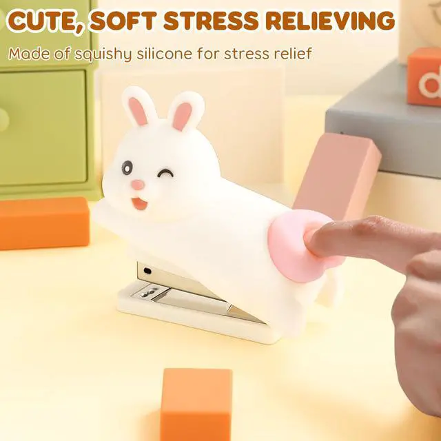 Alt view image 5 of 7 - Cute Stapler, Cartoon Stereoscopic Silicone Stapler, Desktop Stationery Gift for Students Teachers,The First Day of School Gift (White Rabbit)