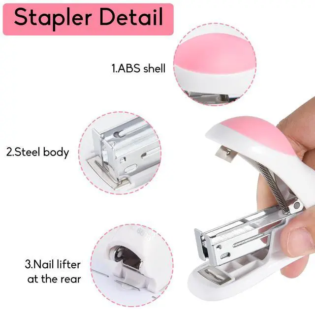 Alt view image 4 of 6 - Mini Effortless Desktop Staplers with 400 Standard 24/6 Staples | 3 Colors Options,2-24 Sheet Capacity,Macaron,Includes Built-in Staple Remover, Cute Stapler Gift for Student and Office