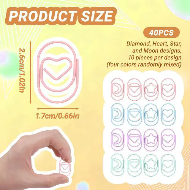 Alt view image 2 of 6 - 40pcs Love Heart Star Moon Triangle Shaped Paper Clips, Macaron Color Cute Paper Clips for Office School Home Desk Organizers