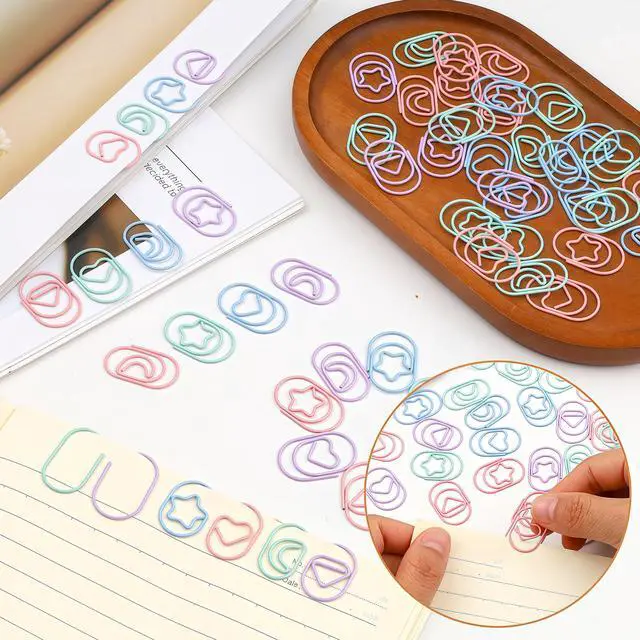 Alt view image 4 of 6 - 40pcs Love Heart Star Moon Triangle Shaped Paper Clips, Macaron Color Cute Paper Clips for Office School Home Desk Organizers