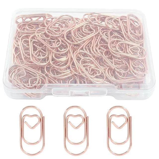 Main image of Mini Heart Shaped Paper Clips, Rose Gold, 100 Pcs, 2 cm | Cute Design, For Decoration, Organization, Document, Office