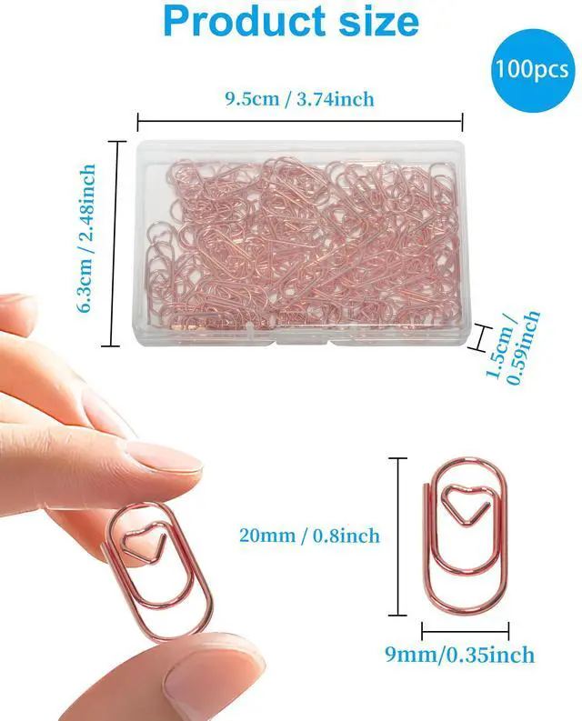 Alt view image 2 of 6 - 100 Pcs Love Heart Shaped Paper Clips, 0.8inch Cute Rose Gold Mini Clips | Cute mini paperclips, for office, school, and home document organizing, rose gold, love heart shaped