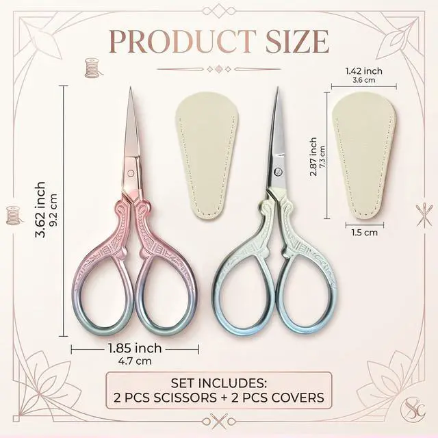 Alt view image 2 of 6 - 2 Pack Embroidery Scissors with Covers, Small Needlepoint Scissors (Style1) | Sharp stainless steel blades, leather sheath cover, mini sewing shears for embroidery, cross stitch