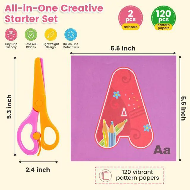 Alt view image 2 of 7 - Toddler Scissors Practice Kit, 2 Safety Scissors & 120 Craft Papers | Ages 3+, Blunt Tip, Cutting for Early Preschool Development Tools, Hand-Eye Coordination, Learn to Cut Line Skill