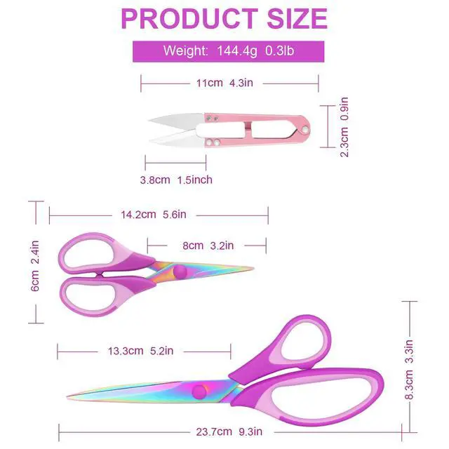 Alt view image 3 of 7 - Fabric Scissors with Titanium Sharp Stainless Steel Blades and Soft-Grip Handles, Suitable for Sewing, Cutting Fabric Leather and Home Office Artist. 3-Piece Set (Purple Titanium 3)