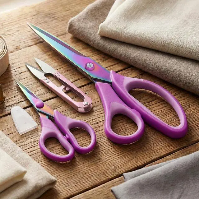 Alt view image 7 of 7 - Fabric Scissors with Titanium Sharp Stainless Steel Blades and Soft-Grip Handles, Suitable for Sewing, Cutting Fabric Leather and Home Office Artist. 3-Piece Set (Purple Titanium 3)