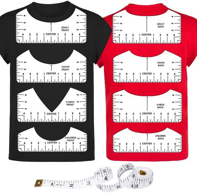 Main image of 9Pcs Tshirt-Ruler Guide to Center Vinyl, Transparent V-Neck/Round PVC Ruler for Alignment, Heat Press, Children Youth Adult, Front and Back Measurement (10in)