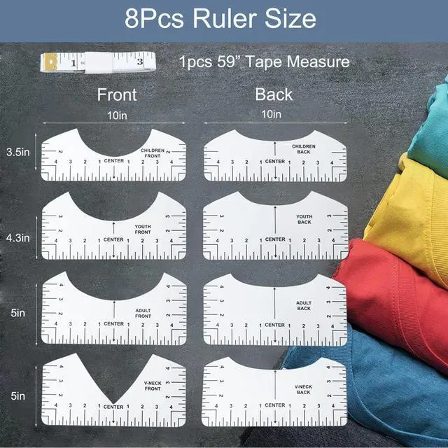 Alt view image 3 of 7 - 9Pcs Tshirt-Ruler Guide to Center Vinyl, Transparent V-Neck/Round PVC Ruler for Alignment, Heat Press, Children Youth Adult, Front and Back Measurement (10in)