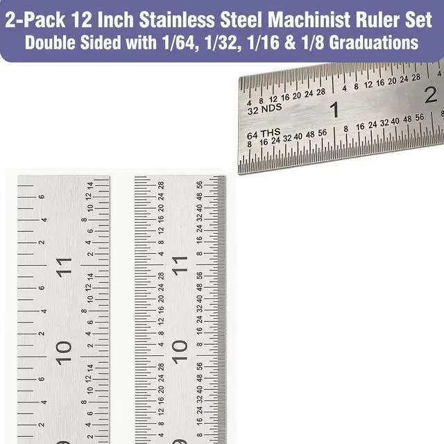 Alt view image 2 of 7 - 12 Inch Machinist Ruler Set - 2 Pack Stainless Steel Precision Double Sided Ruler with 1/64, 1/32, 1/16 & 1/8 Inch Graduations, Etched Markings - for Engineers,Woodworking and DIY (2, 12 Inch)