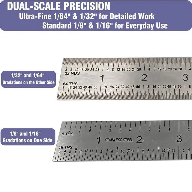Alt view image 3 of 7 - 12 Inch Machinist Ruler Set - 2 Pack Stainless Steel Precision Double Sided Ruler with 1/64, 1/32, 1/16 & 1/8 Inch Graduations, Etched Markings - for Engineers,Woodworking and DIY (2, 12 Inch)