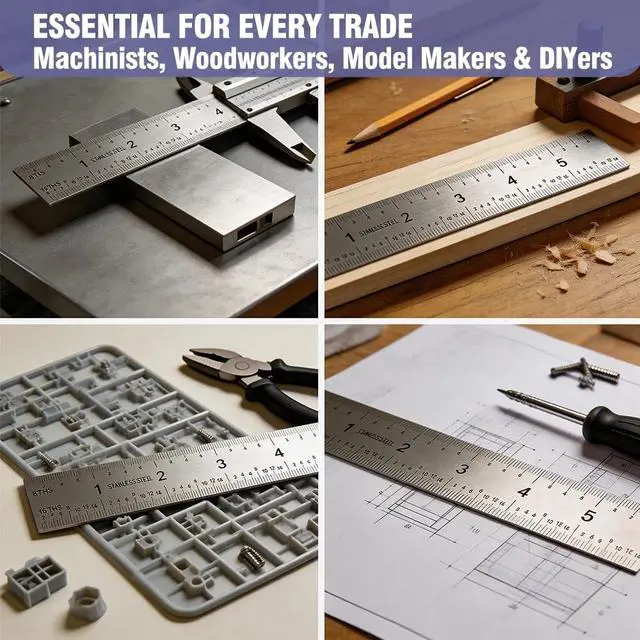 Alt view image 7 of 7 - 12 Inch Machinist Ruler Set - 2 Pack Stainless Steel Precision Double Sided Ruler with 1/64, 1/32, 1/16 & 1/8 Inch Graduations, Etched Markings - for Engineers,Woodworking and DIY (2, 12 Inch)