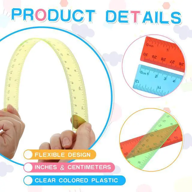 Alt view image 3 of 6 - 6 Pcs 12 Inch Plastic Rulers Flexible Metric, Colorful | Dual Scale with Inches and cm, Flexible for Drafting, Bulk for Classroom Students, Back to School Education Tool