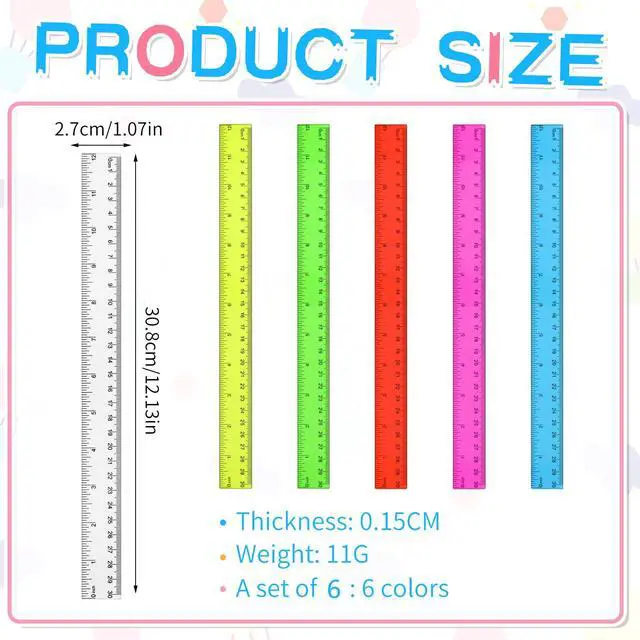 Alt view image 4 of 6 - 6 Pcs 12 Inch Plastic Rulers Flexible Metric, Colorful | Dual Scale with Inches and cm, Flexible for Drafting, Bulk for Classroom Students, Back to School Education Tool