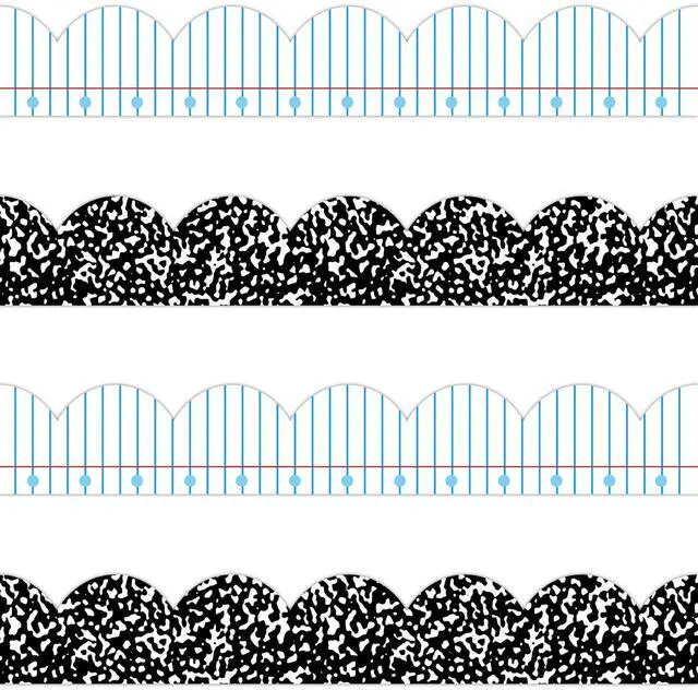 Main image of 72ft Composition Notebook Bulletin Board Borders Lined Paper Scalloped Border Trim Black and White Composition Notebook Classroom Decor for Back to School Party Home Office Chalkboard Wall Decor