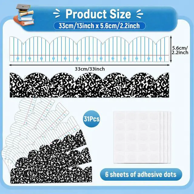 Alt view image 2 of 7 - 72ft Composition Notebook Bulletin Board Borders Lined Paper Scalloped Border Trim Black and White Composition Notebook Classroom Decor for Back to School Party Home Office Chalkboard Wall Decor
