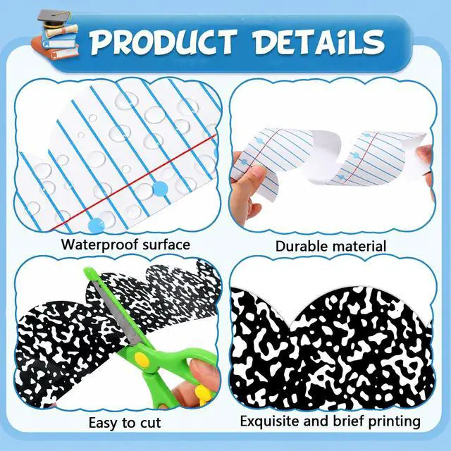 Alt view image 3 of 7 - 72ft Composition Notebook Bulletin Board Borders Lined Paper Scalloped Border Trim Black and White Composition Notebook Classroom Decor for Back to School Party Home Office Chalkboard Wall Decor