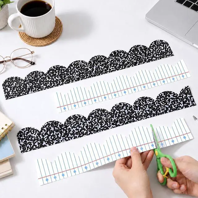 Alt view image 4 of 7 - 72ft Composition Notebook Bulletin Board Borders Lined Paper Scalloped Border Trim Black and White Composition Notebook Classroom Decor for Back to School Party Home Office Chalkboard Wall Decor