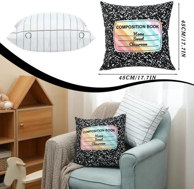 Alt view image 2 of 7 - 2 Pack Composition Notebook Pillow Covers 18x18 Inch Classroom | Composition Classroom Decor, Back to School Pillow Cases, for Classroom, Nursery, Calming Corner Supplies, Living Room