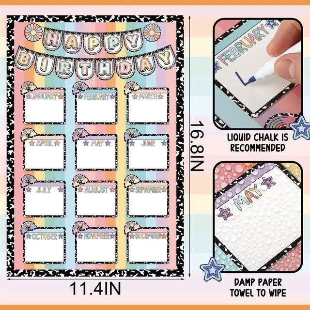 Alt view image 2 of 6 - Birthday Chart for Classroom Decor, Bulletin Board Poster Wall | Composition Notebook Classroom Decor, Birth Poster Calendar Wall Decor, Girl Style First Day Back to School Teacher Supplies